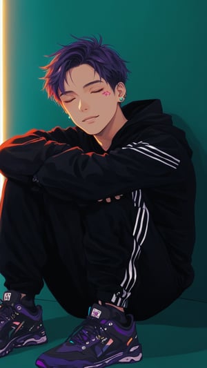 STICKER ON A WHITE BACKGROUND. green holographic silhouette, knee socks.
(1boy, guy, man), solo, A stylish anime character with short, dark purple hair and  mismatched earrings, sitting against a vibrant pink and teal background adorned with Japanese text. He wears a trendy streetwear ensemble featuring a busy, colorful hoodie, black and white striped pants, and sneakers with Japanese lettering. He has an emotive expression with closed eyes, accentuated by unique eye markings.  A playful plush shark, stitched in a teal and white pattern, adds a touch of whimsy, resting on his shoulder.
photo shoot, photo_realism.
(dynamic view, photoshoot, golden hour, warm sunset lighting, shadows and dynamic lighting, soft lighting), dynamic view, splitter effect, waifu. Stylish. Cute, hot, shiny. Highly detailed uhd wallpaper, cel digital animation

,neon photography style, K-Eyes, score_9, score_8_up, score_7_up, score_6_up, score_5_up, score_4_up, just describe what you want, tag1, tag2,perfect eyes,detailed skin,skin blemish