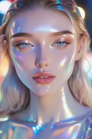 portrait, A young model, an amazing girl, dressed in mother-of-pearl clothes that shimmer like a translucent neon sign, causing a feeling of freshness, renewal and brightness - the style of neon photography, wet makeup on her face, iridescent glitters on her eyelids and lips, K-Eyes