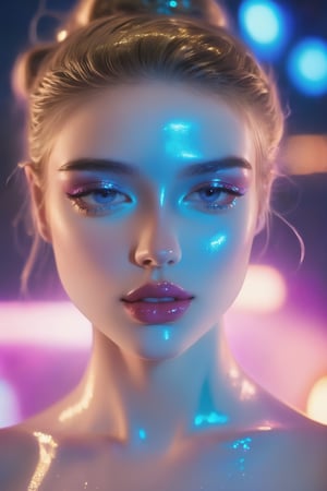 portrait, A young model, an amazing girl, dressed in a blue dress that shimmers like a translucent neon sign, causing a feeling of freshness, renewal and brightness - the style of neon photography, wet makeup on her face, iridescent glitters on her eyelids and lips, K-Eyes