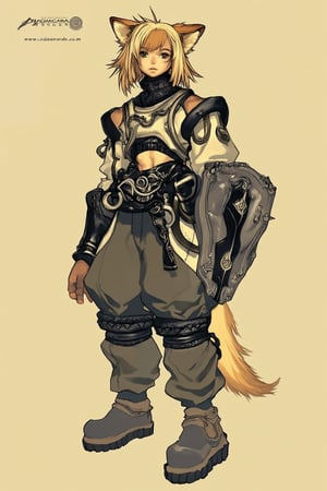 Neko with brown ears and tail wearing a sturdy shirt and pants with blonde layered hair and is holding a shield,

The word "DRAUKA" is written in a bold font at the top left of the image
ct-pop2,cyberpunk