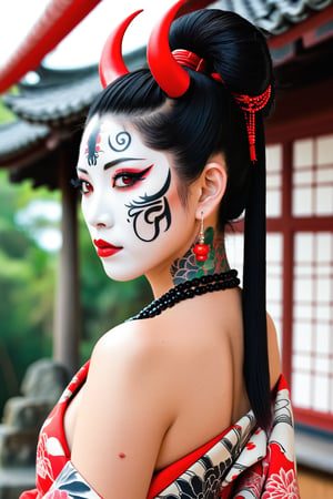 a medium-sized Asian woman, dressed in a kimono, adorned with a white face adorned with red eyes and red horns. Her black hair is cascading down her back, adding a pop of color to her face. The woman's face is adorned with tattoos, including a red necklace with a design on it. Her hair is styled in a ponytail, adding depth to the composition. The background is a stark white, creating a stark contrast to the vibrant colors of the scene. To the left of the woman, a pagoda-like structure is visible, adding to the overall composition.,1girl