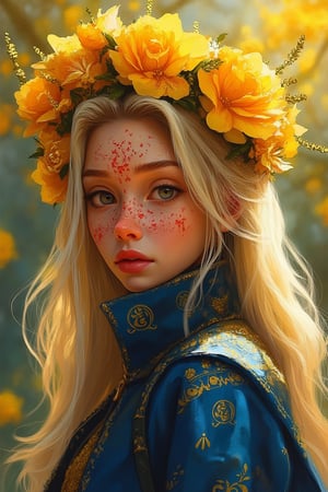 hntdlnwrk style, aesthetic, 

A waist-high portrait of a girl who looks like a porcelain doll with long blond hair, decorated with a crown of magical yellow flowers. The girl's head is covered with a pattern of red paint, which gives the scene brightness and fabulousness. The background is blurred, which creates a sharp contrast with the girl's outfit. The woman's outfit is decorated with a dark blue with a gold pattern, a blue jacket with rune-like ornaments is draped over her shoulders.

art, colored pencil, sketch, painting, paper texture,art_solyanka,SKP-highly detailed,SamYoung_Illustration,fluxtration