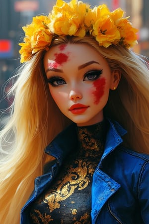 hntdlnwrk style, aesthetic, 

a close-up shot of a barbie doll with long blonde hair, adorned with a crown of yellow flowers. The doll's head is adorned with red paint, adding a pop of color to the scene. The background is blurred, creating a stark contrast to the doll's outfit. The woman's outfit is adorned in a dark blue and gold pattern, with a blue jacket draped over her shoulders.

art, colored pencil, sketch, painting, paper texture,art_solyanka,SKP-highly detailed,SamYoung_Illustration,fluxtration