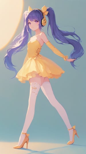 STICKER ON A WHITE BACKGROUND. green holographic silhouette, knee socks.
1girl, solo, long hair, bangs, simple background, white background, dress, bare shoulders, twintails, very long hair, blue hair, standing, purple eyes, full body, purple hair, detached sleeves, shoes, pants, character name, high heels, strapless, headphones, leg up, standing on one leg, musical note, strapless dress, white pants.
photo shoot, photo_realism.
(dynamic view, photoshoot, golden hour, warm sunset lighting, shadows and dynamic lighting, soft lighting), dynamic view, splitter effect, waifu. Stylish. Cute, hot, shiny. Highly detailed uhd wallpaper, cel digital animation

,neon photography style, K-Eyes, score_9, score_8_up, score_7_up, score_6_up, score_5_up, score_4_up, just describe what you want, tag1, tag2