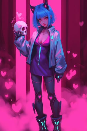 hntdlnwrk style, aesthetic, 

1girl, solo, breasts, looking at viewer, short hair, gloves, dress, blue hair, standing, jacket, full body, heart, pantyhose, parted lips, horns, fingerless gloves, pink eyes, cropped jacket, The cartoon character stands against an abstract maroon background in clouds of pink smoke. She's wearing a silver jacket and a purple top. She has bionic cybernetic legs that glow with pink neon. There is a turquoise neon stripe running down the center of the chest, and a pair of black and green boots with neon soles on the feet. Her hair is a bright shade of blue, and her eyes are a piercing pink. In her right hand she holds a skull with a pink heart above it, and her left hand is raised up. On her head she has cybernetic horns with pink neon lights.
 cyberpunk. Minimalism. 

art, colored pencil, sketch, painting, paper texture,art_solyanka,SKP-highly detailed,SamYoung_Illustration,fluxtration,ohwx style,chinese ink drawing