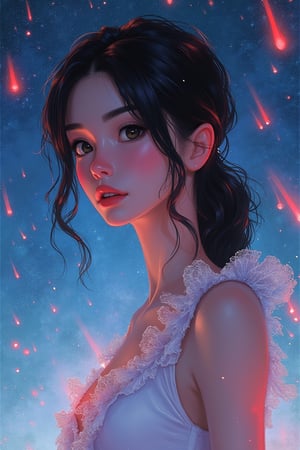 aesthetic,
chromatic aberration, sineprin,1girl, black hair, black eyes, looking at viewer, misty background with falling comets, starry sky background, red highlights, white dress with magical effects, upper body, ponytail, closed lips, slender, dynamic pose, emphasized meteor shower, shooting stars in the sky,

lightweight design, intricate details, legendofnerd style, BREAK abstract structure on background, 

colored pencil, sketch, painting, paper texture,art_solyanka,SKP-highly detailed,SamYoung_Illustration