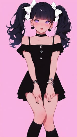 STICKER ON A WHITE BACKGROUND. green holographic silhouette, knee socks.
1girl, solo, long hair, looking at viewer, blush, open mouth, bangs, simple background, black hair, dress, bow, ribbon, twintails, jewelry, purple eyes, upper body, short sleeves, hair bow, heart, earrings, blunt bangs, nail polish, mole, :o, black dress, bracelet, mole under eye, piercing, pink background, white bow, ear piercing, shoulder cutout.
photo shoot, photo_realism, motion blur, nuance.
(dynamic view, photoshoot, golden hour, warm sunset lighting, shadows and dynamic lighting, soft lighting), dynamic view, splitter effect, waifu. Stylish. Cute, hot, shiny. Highly detailed uhd wallpaper, cel digital animation

,neon photography style, K-Eyes, score_9, score_8_up, score_7_up, score_6_up, score_5_up, score_4_up, just describe what you want, tag1, tag2,perfect eyes,detailed skin,skin blemish