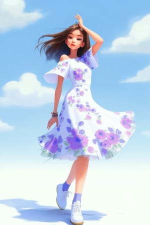 hntdlnwrk style, aesthetic, 

An animated image of a twenty-year-old girl in a white dress with purple and blue flowers. The girl is standing on a white surface. The background is light blue with white clouds in the sky. A girl's shadow is visible on the ground behind her. She has brown and blue hair. She has dark eyes and her hair is blowing in the wind. Her right hand is raised above her head. The left hand rests on the hip. She has a bracelet on her right wrist. She's wearing white shoes with blue socks.

art, colored pencil, sketch, painting, paper texture,art_solyanka,SKP-highly detailed,SamYoung_Illustration,fluxtration