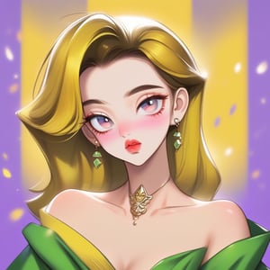 Bare shoulder,sexy, cleavage,large breast, 1 girl,portrait, Comb-over hair,simple background,(Mustard gradient background), (masterpiece,best quality),Relieving, jewelry ,Handkerchief,lips, spark ,niji style, green and purple tone impression,K-Eyes