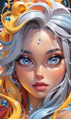 splash art, a close up liquid luminous lady made of colors, golden, white pastel blue silver, filigree, filigree detailed, color drops, coloe waves, splash style of colorful paint, hyperdetailed intricately detailed, unreal engine, fantastical, intricate detail, splash screen, complementary colors, fantasy, concept art, 8k resolution, deviantart masterpiece, oil painting, heavy strokes, paint dripping, splash arts, fantasy art, by Yanjun Cheng, guweiz, by atey ghailan, Greg Rutkowski, greg tocchini, Sakimichan, Bowater, artgerm, wlop. concept art, centered composition perfect composition, centered, intricated pose, intricated,K-Eyes