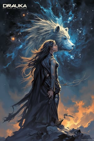 Celtic Goddess Andarta whom is a great and powerful bear and behind her is the great glorious cosmos,

The word "DRAUKA" is written in a bold font at the top left of the image
ct-pop2,cyberpunk