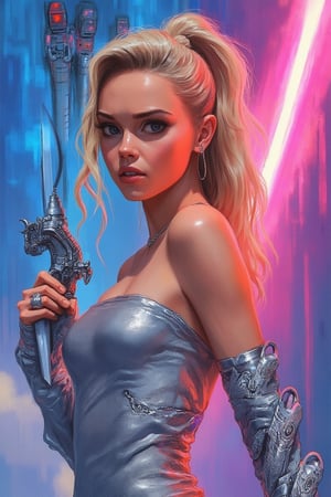 hntdlnwrk style, aesthetic, mad-vprwv cyberpunk,

A digital art painting of a woman with long, wavy blonde hair and dark eyes. She is wearing a silver strapless dress with a silver belt around her waist. The woman is holding a silver sword in her right hand and a silver dragon in her left hand. Her left hand is covered in a silver ring on her left wrist. Her right hand is wrapped around her right arm. Her hair is pulled back in a ponytail. The background is a mix of blue, purple, and pink colors. There are three fire engines on the left side of the woman's head.

neon, vaporwave.

art, colored pencil, sketch, painting, paper texture,art_solyanka,SKP-highly detailed,SamYoung_Illustration,fluxtration