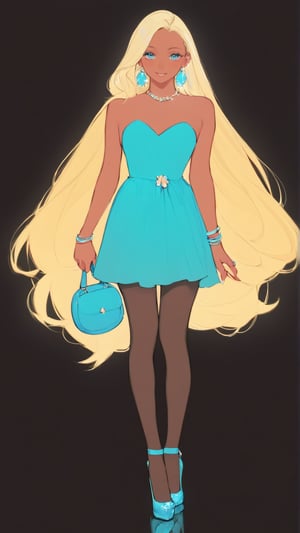 STICKER ON A WHITE BACKGROUND. green holographic silhouette, knee socks.
1girl, solo, long hair, smile, blonde hair, simple background, dress, holding, jewelry, very long hair, full body, pantyhose, earrings, dark skin, bag, high heels, bracelet, dark-skinned female, strapless, black background, handbag, holding bag.
photo shoot, photo_realism.
dynamic view, shadows and dynamic lighting, soft lighting, dynamic view, splitter effect, waifu. Stylish. Cute, hot, shiny. Highly detailed uhd wallpaper, cel digital animation

,neon photography style,K-Eyes,score_9,score_8_up,score_7_up,