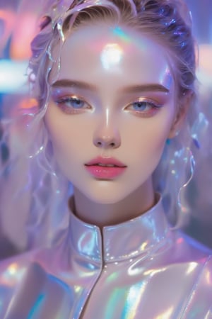 portrait, A young model, an amazing girl, dressed in mother-of-pearl clothes that shimmer like a translucent neon sign, causing a feeling of freshness, renewal and brightness - the style of neon photography, wet makeup on her face, iridescent glitters on her eyelids and lips, K-Eyes