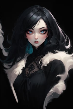 Minimalist painting, portrait of gothic girl, looking at viewer, sexy, slender body, black lace dress, tulle, full black lips, eye drawing, tuxedo eyes, long fluffy lashes, in the style of esao andrews, K-Eyes