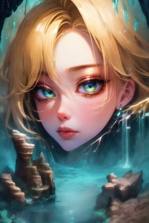 In a magical underground realm, a (((closeup beautyful girl))) stands before the entrancing Cave of Wonders, surrounded by towering gemstones and the soothing sounds of cascading waterfalls. This scene is a testament to nature's grandeur and the girl's inner beauty. blonde hair, K-Eyes