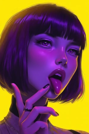 hntdlnwrk style, aesthetic, mad-vprwv cyberpunk,

A digital art painting of a woman, core_9,score_8_up,score_7_up,score_6_up, 1girl, solo, tongue, purple eyes, tongue out, bangs, looking at viewer, makeup, black nails, short hair, purple hair, fang, portrait, nail polish, bob cut, eyeliner, close-up, oni horns, yellow background, eyeshadow, eyelashes, short eyebrows, fingernails, blunt bangs, open mouth, finger to mouth, thick eyebrows.

neon, vaporwave.

art, colored pencil, sketch, painting, paper texture,art_solyanka,SKP-highly detailed,SamYoung_Illustration,fluxtration