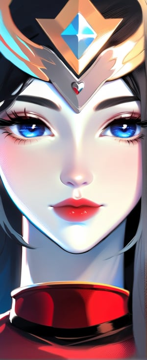 Create a highly detailed UHD wallpaper featuring a solo girl with long black hair, blue eyes, and medium breasts. She has long eyelashes, blush, and bangs, adorned with hair ornaments and jewelry. She wears armor with wings, gem, and a headpiece, looking at the viewer with parted red lips and freckles. The scene is captured in a dynamic view with a splitter effect, styled in a retro artstyle with halftone effect. The lighting is cinematic, using two-tone lighting and warm sunset lighting during golden hour, with soft lighting, shadows, and dynamic lighting. The image is rendered in Octane Render with HDR, anisotropic filtering, depth-of-field, and maximum clarity and sharpness, resembling an analog 8mm film with chromatic aberration and DVD screengrab.