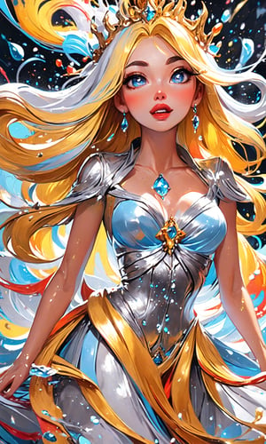 (full body), splash art, a close up liquid luminous lady made of colors, golden, white pastel blue silver, filigree, filigree detailed, color drops, coloe waves, splash style of colorful paint, hyperdetailed intricately detailed, unreal engine, fantastical, intricate detail, splash screen, complementary colors, fantasy, concept art, 8k resolution, deviantart masterpiece, oil painting, heavy strokes, paint dripping, splash arts, fantasy art, by Yanjun Cheng, guweiz, by atey ghailan, Greg Rutkowski, greg tocchini, Sakimichan, Bowater, artgerm, wlop. concept art, centered composition perfect composition, fantasy creature, beautiful view, motion blur, brushstrokes, concept art, centered, intricated pose, intricated, K-Eyes