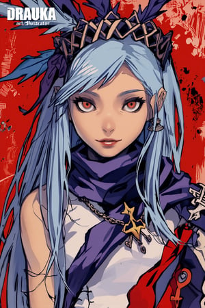 1girl, solo, long hair, looking at viewer, bangs, red eyes, dress, jewelry, closed mouth, blue hair, upper body, parted bangs, expressionless, crown, red cape, An animated image of a girl with long blue hair and a crown on her head. The girl is wearing a white dress with a purple sash around her neck. The crown is adorned with purple and blue feathers. The background is a vibrant red color. The woman's eyes are red and her hair is a light blue. Her hair is long and cascades down to her shoulders.

in bold ((fantasy style text highlighted at the top)): "DRAUKA - ai illustrator" The background is simple yet textured to resemble watercolor paper.

The overall style resembles a sketch or painting using colored pencils. paper texture,art,art_solyanka,dal,manwhastyle, manwha, thick lineart, anim,Manhwa,hhstyle,FluxPatt3rns