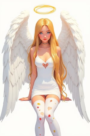 aesthetic,
colorful, 1girl, angel print, long hair, halo, solo, white wings, golden hair, white dress, print legwear, medium breasts, white pantyhose, looking at viewer, bare shoulders, blue eyes, choker, feathers, clothing cutout, strapless, very long hair, white background, heart cutout, sitting, facing forward,

lightweight design, intricate details, legendofnerd style, BREAK abstract structure on background, 

colored pencil, sketch, painting, paper texture,art_solyanka,SKP-highly detailed,SamYoung_Illustration