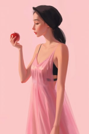 hntdlnwrk style, aesthetic, 

An abstract digital art painting depicting a woman in a semi-transparent modest pink dress and a black bra. Portrait in profile, A woman holding an apple in her right hand. On her head she has a black plain little scarf. abstract minimalistic pastel light pink background. Minimalism. 

art, colored pencil, sketch, painting, paper texture,art_solyanka,SKP-highly detailed,SamYoung_Illustration,fluxtration