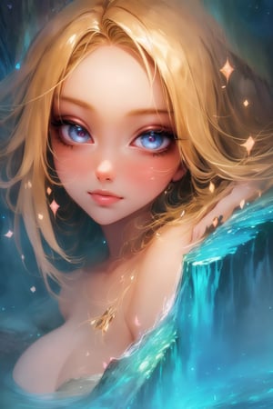 In a magical underground realm, a (((closeup beautyful girl))) stands before the entrancing Cave of Wonders, surrounded by towering gemstones and the soothing sounds of cascading waterfalls. This scene is a testament to nature's grandeur and the girl's inner beauty. blonde hair, K-Eyes