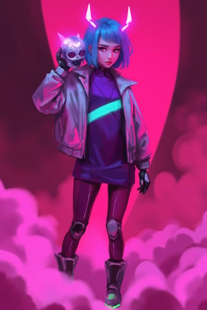 hntdlnwrk style, aesthetic, 

1girl, solo, breasts, looking at viewer, short hair, gloves, dress, blue hair, standing, jacket, full body, heart, pantyhose, parted lips, horns, fingerless gloves, pink eyes, cropped jacket, The cartoon character stands against an abstract maroon background in clouds of pink smoke. She's wearing a silver jacket and a purple top. She has bionic cybernetic legs that glow with pink neon. There is a turquoise neon stripe running down the center of the chest, and a pair of black and green boots with neon soles on the feet. Her hair is a bright shade of blue, and her eyes are a piercing pink. In her right hand she holds a skull with a pink heart above it, and her left hand is raised up. On her head she has cybernetic horns with pink neon lights.
 cyberpunk. Minimalism. 

art, colored pencil, sketch, painting, paper texture,art_solyanka,SKP-highly detailed,SamYoung_Illustration,fluxtration,ohwx style,chinese ink drawing