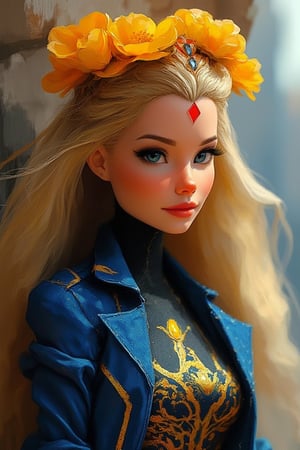 hntdlnwrk style, aesthetic, 

a close-up shot of a barbie doll with long blonde hair, adorned with a crown of yellow flowers. The doll's head is adorned with red paint, adding a pop of color to the scene. The background is blurred, creating a stark contrast to the doll's outfit. The woman's outfit is adorned in a dark blue and gold pattern, with a blue jacket draped over her shoulders.

art, colored pencil, sketch, painting, paper texture,art_solyanka,SKP-highly detailed,SamYoung_Illustration,fluxtration