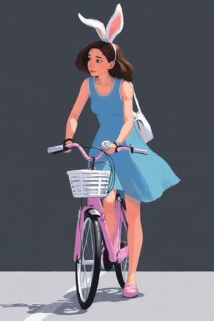 hntdlnwrk style, aesthetic, 

An animated image of a woman in a blue dress and white rabbit ears on her head. She is standing on a light gray floor. The bike she is riding is a light pink color with a white basket attached to the handlebars. The woman is wearing a black watch on her left wrist. Her hair is dark brown and her eyes are black. She has a white bag strapped to her right shoulder. Her left hand is on the handlebar of the bike. The background is a dark gray.

art, colored pencil, sketch, painting, paper texture,art_solyanka,SKP-highly detailed,SamYoung_Illustration,fluxtration