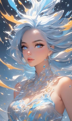 splash art, a close up liquid luminous lady made of colors, golden, white pastel blue silver, filigree, filigree detailed, color drops, coloe waves, splash style of colorful paint, hyperdetailed intricately detailed, unreal engine, fantastical, intricate detail, splash screen, complementary colors, fantasy, concept art, 8k resolution, deviantart masterpiece, oil painting, heavy strokes, paint dripping, splash arts, fantasy art, by Yanjun Cheng, guweiz, by atey ghailan, Greg Rutkowski, greg tocchini, Sakimichan, Bowater, artgerm, wlop. concept art, centered composition perfect composition, centered, intricated pose, intricated,K-Eyes