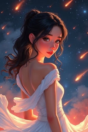 aesthetic,
chromatic aberration, sineprin,1girl, black hair, black eyes, looking at viewer, misty background with falling comets, starry sky background, red highlights, white dress with magical effects, upper body, ponytail, closed lips, slender, dynamic pose, emphasized meteor shower, shooting stars in the sky,

lightweight design, intricate details, legendofnerd style, BREAK abstract structure on background, 

colored pencil, sketch, painting, paper texture,art_solyanka,SKP-highly detailed,SamYoung_Illustration