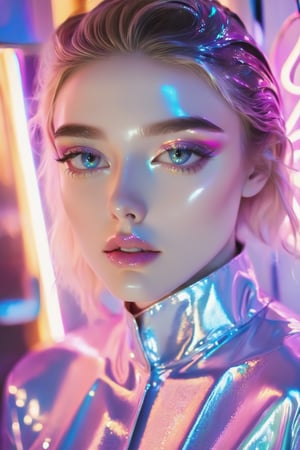 portrait, A young model, a stunning girl with big bright eyes, dressed in mother-of-pearl clothes that shimmer like a translucent neon sign, causing a feeling of freshness, renewal and brightness - the style of neon photography, wet makeup on her face, iridescent glitters on her eyelids and lips, K-Eyes