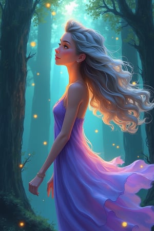 aesthetic,
1girl, ethereal face, glowing eyes, soft blush, freckles, floating, looking into distance, flowing dress with gradient from teal to lavender, slender figure, long flowing hair with gradient from silver to purple, golden eyes, curly hair, parted hair, delicate eyebrows, serene smile, both hands raised, enchanted forest, ancient trees, mystical aura, glowing orbs, twilight, moonlight rays,

lightweight design, intricate details, legendofnerd style, BREAK abstract structure on background, 

colored pencil, sketch, painting, paper texture,art_solyanka,SKP-highly detailed,SamYoung_Illustration