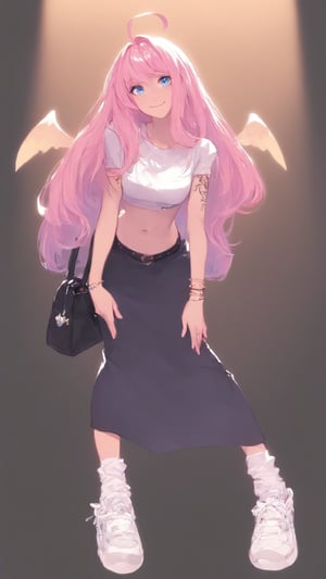 STICKER ON A WHITE BACKGROUND. green holographic silhouette, knee socks.
1girl, solo, long hair, breasts, smile, blue eyes, skirt, simple background, navel, jewelry, full body, pink hair, ahoge, wings, shoes, midriff, pants, bag, character name, bracelet, crop top, tattoo, makeup, leaning forward, black background, long skirt.
photo shoot, photo_realism.
(dynamic view, photoshoot, golden hour, warm sunset lighting, shadows and dynamic lighting, soft lighting), dynamic view, splitter effect, waifu. Stylish. Cute, hot, shiny. Highly detailed uhd wallpaper, cel digital animation

,neon photography style, K-Eyes, score_9, score_8_up, score_7_up, score_6_up, score_5_up, score_4_up, just describe what you want, tag1, tag2