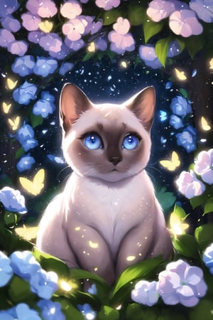 Realistic Siamese cat, blue diamond eyes with sparkles, an arch of white and blue hydrangeas, in the background a night garden of fluffy hydrangeas with glowing little fireflies, divine lighting, cute, 4k, unreal engine 5, K-Eyes