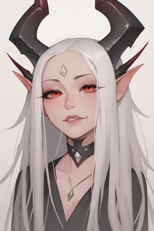 Score_9, Score_8_up, Score_7_up,a young black woman with long white hair and horns on her head, symmetric beautiful face, K-Eyes, K-Eyes