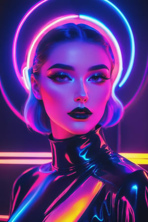 The model girl stands as a beacon of Synthwave, her form a harmonious blend of holographic layers and gothic contours, outlined in vibrant neon.,neon photography style, Gothic background and lights dimmed,K-Eyes