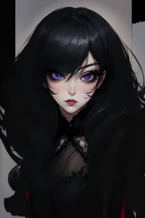 Minimalist painting, portrait of gothic girl, looking at viewer, sexy, slender body, black lace dress, tulle, full black lips, eye drawing, tuxedo eyes, long fluffy lashes, in the style of esao andrews, K-Eyes