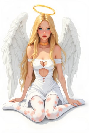 aesthetic,
colorful, 1girl, angel print, long hair, halo, solo, white wings, golden hair, white dress, print legwear, medium breasts, white pantyhose, looking at viewer, bare shoulders, blue eyes, choker, feathers, clothing cutout, strapless, very long hair, white background, heart cutout, sitting, facing forward,

lightweight design, intricate details, legendofnerd style, BREAK abstract structure on background, 

colored pencil, sketch, painting, paper texture,art_solyanka,SKP-highly detailed,SamYoung_Illustration