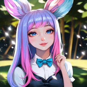 Visualize a solo girl outdoors with long, multicolored hair blending blue and pink, styled in two-tone with bangs. She has animal ears, specifically rabbit ears, and a playful bowtie resembling a playboy bunny. Her attire includes short sleeves with puffy, decorative cuffs, and she displays a modest cleavage. The girl smiles at the viewer with closed lips, her blue eyes sparkling. Her arms are raised, and she wears wrist cuffs, all set against a backdrop of natural beauty.