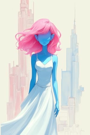 aesthetic,
1girl, pointy ears, translucent blue skin, translucent pink hair, expressionless, solo, fairy, hair between eyes, upper body, dynamic pose, simple building background, white skirt,

lightweight design, intricate details, legendofnerd style, BREAK abstract structure on background, 

colored pencil, sketch, painting, paper texture,art_solyanka,SKP-highly detailed,SamYoung_Illustration