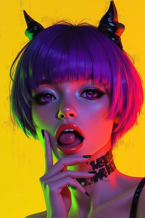 hntdlnwrk style, aesthetic, mad-vprwv cyberpunk,

A digital art painting of a woman, core_9,score_8_up,score_7_up,score_6_up, 1girl, solo, tongue, purple eyes, tongue out, bangs, looking at viewer, makeup, black nails, short hair, purple hair, fang, portrait, nail polish, bob cut, eyeliner, close-up, oni horns, yellow background, eyeshadow, eyelashes, short eyebrows, fingernails, blunt bangs, open mouth, finger to mouth, thick eyebrows.

neon, vaporwave.

art, colored pencil, sketch, painting, paper texture,art_solyanka,SKP-highly detailed,SamYoung_Illustration,fluxtration