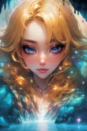 In a magical underground realm, a (((closeup beautyful girl))) stands before the entrancing Cave of Wonders, surrounded by towering gemstones and the soothing sounds of cascading waterfalls. This scene is a testament to nature's grandeur and the girl's inner beauty. blonde hair, K-Eyes