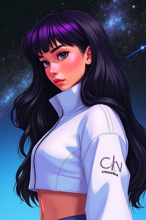 aesthetic,

score_9, score_8_up, score_7_up, (masterpiece, perfectly detailed, beautiful face, detailed eyes, vibrant colors), ultra HD, 8K, 1girl, white cropped jacket, long hair,solo,black hair, purple bang,detailed and fine eyebrows, strong lines, cleann draw, open eyes, full body, [(full-length figure:1,5)], dinamic face, BREAK star galaxy on the background, starry background, black and blue gradient background, green, lightweight design, intricate details, simple background,

add text "Drauka",

legendofnerd style, BREAK simple background, diagonal abstract structure on background, 

colored pencil, sketch, painting, paper texture,art_solyanka,SKP-highly detailed,SamYoung_Illustration