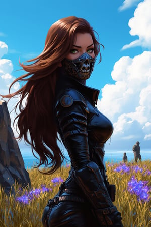 hntdlnwrk style, aesthetic, mad-vprwv cyberpunk,

a cartoon girl with long brown hair, wearing a black leather outfit and a black mask with a skull on it. Her eyes are a piercing green, and her hair cascades over her shoulders. She is standing in a field of grass, with a large rock to the left of her. In the distance, a body of water can be seen, and a person is walking in the distance. The sky is blue, dotted with white clouds, adding a pop of color to the scene.

neon, vaporwave.

art, colored pencil, sketch, painting, paper texture,art_solyanka,SKP-highly detailed,SamYoung_Illustration,fluxtration