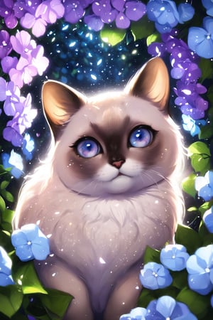 Realistic Siamese cat, purple diamond eyes with sparkles, an arch of white and blue hydrangeas, in the background a night garden of fluffy hydrangeas with glowing little fireflies, divine lighting, cute, 4k, unreal engine 5, K-Eyes