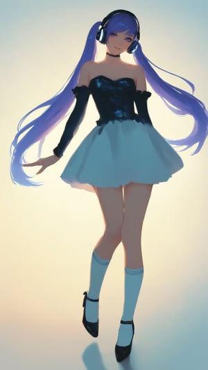 STICKER ON A WHITE BACKGROUND. green holographic silhouette, knee socks.
1girl, solo, long hair, bangs, simple background, white background, dress, bare shoulders, twintails, very long hair, blue hair, standing, purple eyes, full body, purple hair, detached sleeves, shoes, pants, character name, high heels, strapless, headphones, leg up, standing on one leg, musical note, strapless dress, white pants.
photo shoot, photo_realism.
(dynamic view, photoshoot, golden hour, warm sunset lighting, shadows and dynamic lighting, soft lighting), dynamic view, splitter effect, waifu. Stylish. Cute, hot, shiny. Highly detailed uhd wallpaper, cel digital animation

,neon photography style, K-Eyes, score_9, score_8_up, score_7_up, score_6_up, score_5_up, score_4_up, just describe what you want, tag1, tag2