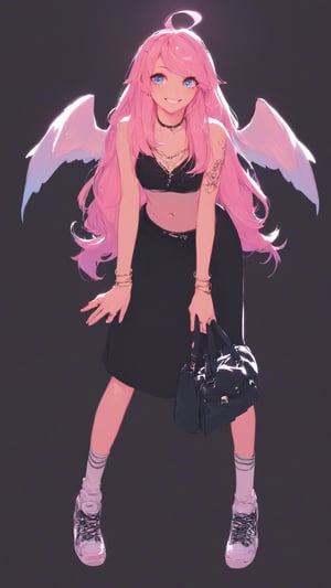 STICKER ON A WHITE BACKGROUND. green holographic silhouette, knee socks.
1girl, solo, long hair, breasts, smile, blue eyes, skirt, simple background, navel, jewelry, full body, pink hair, ahoge, wings, shoes, midriff, pants, bag, character name, bracelet, crop top, tattoo, makeup, leaning forward, black background, long skirt.
photo shoot, photo_realism.
(dynamic view, photoshoot, golden hour, warm sunset lighting, shadows and dynamic lighting, soft lighting), dynamic view, splitter effect, waifu. Stylish. Cute, hot, shiny. Highly detailed uhd wallpaper, cel digital animation

,neon photography style, K-Eyes, score_9, score_8_up, score_7_up, score_6_up, score_5_up, score_4_up, just describe what you want, tag1, tag2