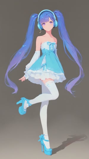 STICKER ON A WHITE BACKGROUND. green holographic silhouette, knee socks.
1girl, solo, long hair, bangs, simple background, white background, dress, bare shoulders, twintails, very long hair, blue hair, standing, purple eyes, full body, purple hair, detached sleeves, shoes, pants, character name, high heels, strapless, headphones, leg up, standing on one leg, musical note, strapless dress, white pants.
photo shoot, photo_realism.
dynamic view, shadows and dynamic lighting, soft lighting, dynamic view, splitter effect, waifu. Stylish. Cute, hot, shiny. Highly detailed uhd wallpaper, cel digital animation

,neon photography style, K-Eyes, score_9, score_8_up, score_7_up, score_6_up, score_5_up, score_4_up, just describe what you want, tag1, tag2